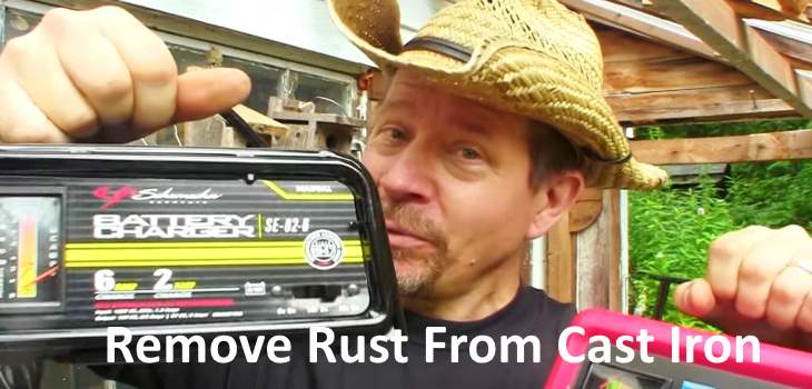 remove rust from cast iron pots and pans with battery charger